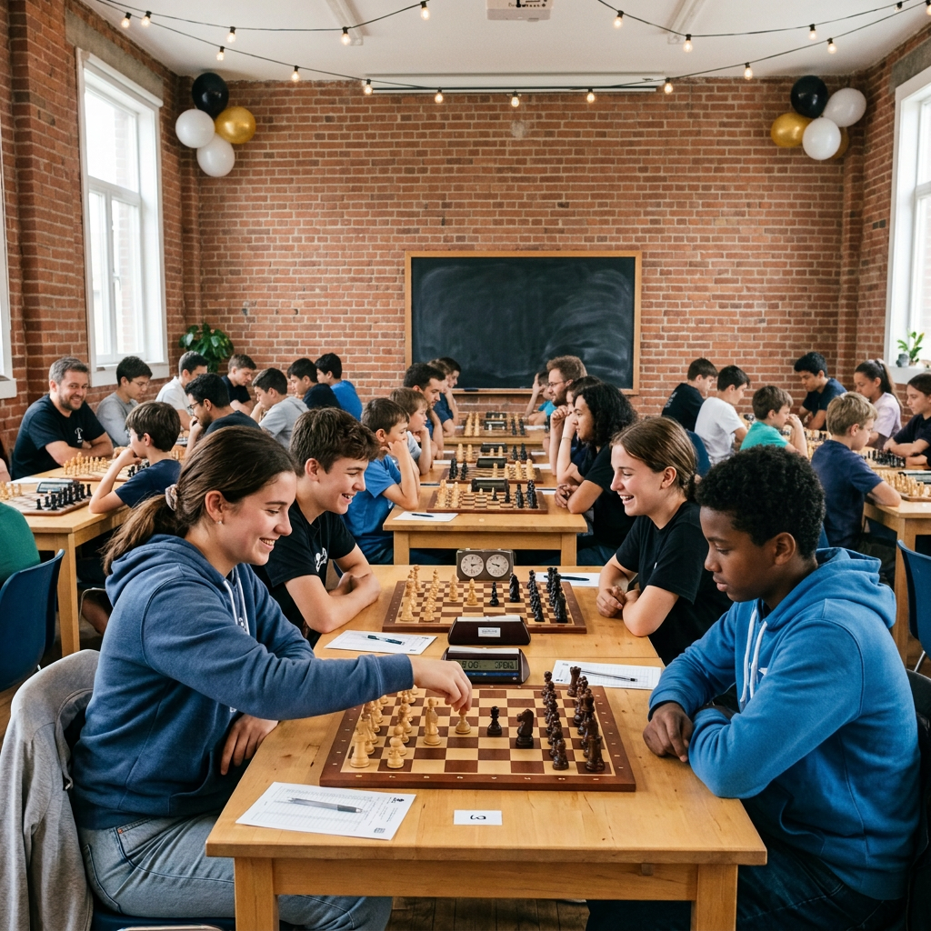 Chess players competing at tables during a club season opening